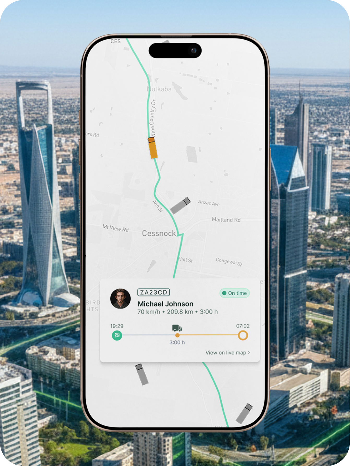 Fleet route optimisation on mobile showing Saudi Arabia map with vehicle tracking