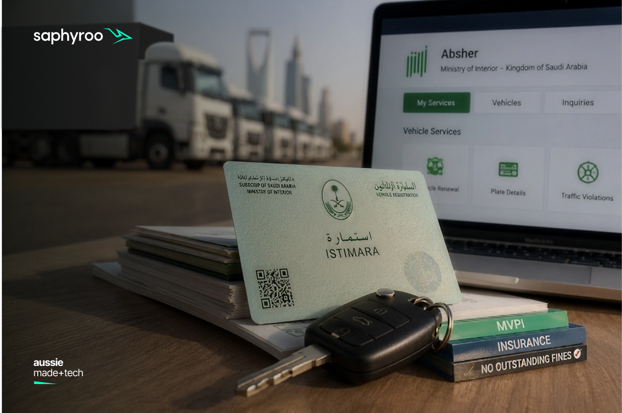 Saudi istimara vehicle registration card beside an Absher vehicle services screen, with MVPI, insurance and fines folders and a fleet of trucks behind