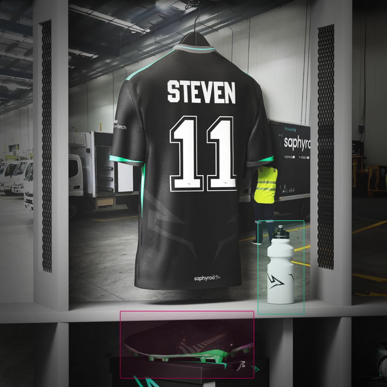 Saphyroo branded football jersey with STEVEN and number 11 on the back, hanging in a freight depot