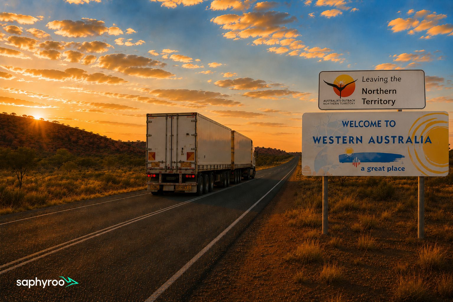 Road train passing the Welcome to Western Australia border sign on the Victoria Highway at sunset